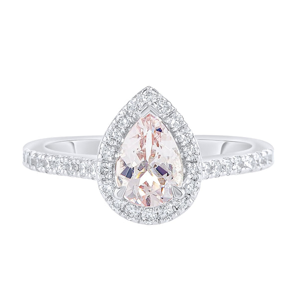 Pink pear morganite with diamond halo ring