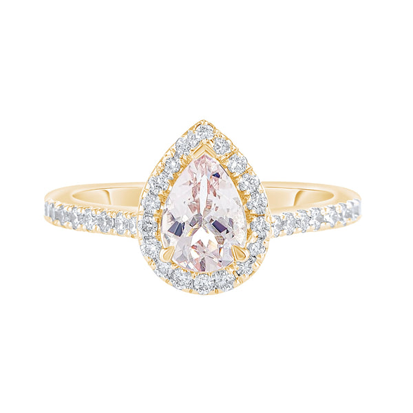 Pink pear morganite with diamond halo ring