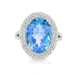 Blue Topaz Oval Cut 2 Diamonds Halo Ring