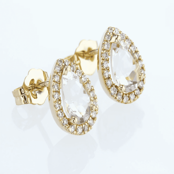 Pink Pear Cut Morganite with Diamond Halo Earrings