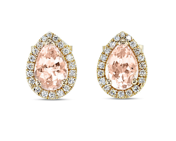 Pink Pear Cut Morganite with Diamond Halo Earrings