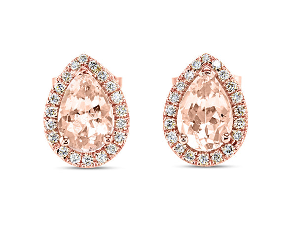 Pink Pear Cut Morganite with Diamond Halo Earrings
