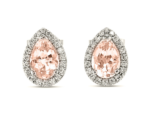 Pink Pear Cut Morganite with Diamond Halo Earrings
